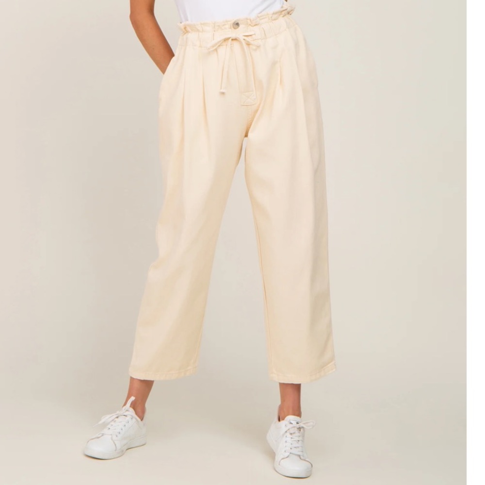 Listicle Beige Drawstring Pleaded Maternity Jeans
